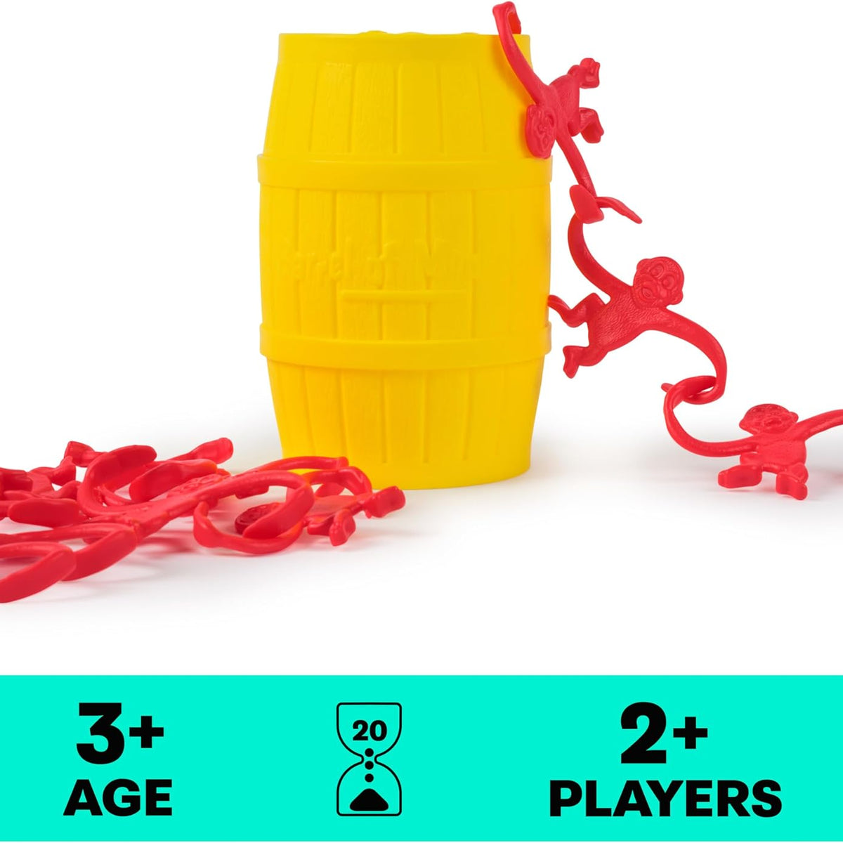 A yellow plastic storage barrel from the Barrel of Monkeys Game by Continuum Games with red plastic monkeys linked together on and around it, next to an informational badge indicating ages 3+ and 2+ players.