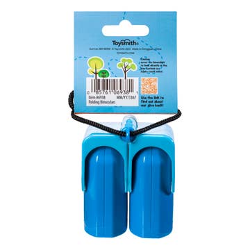 Blue folding scissors with a 'Toysmith' packaging label on a white background