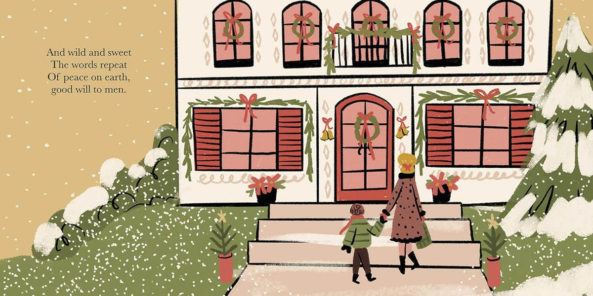 Illustration of a couple and child in front of a decorated house with Christmas decorations.