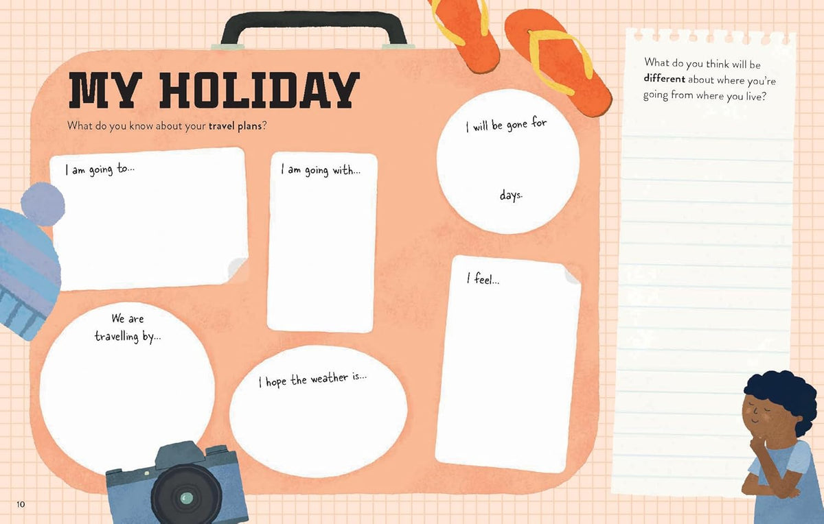Children's book page with a travel-themed questionnaire on a suitcase illustration.
