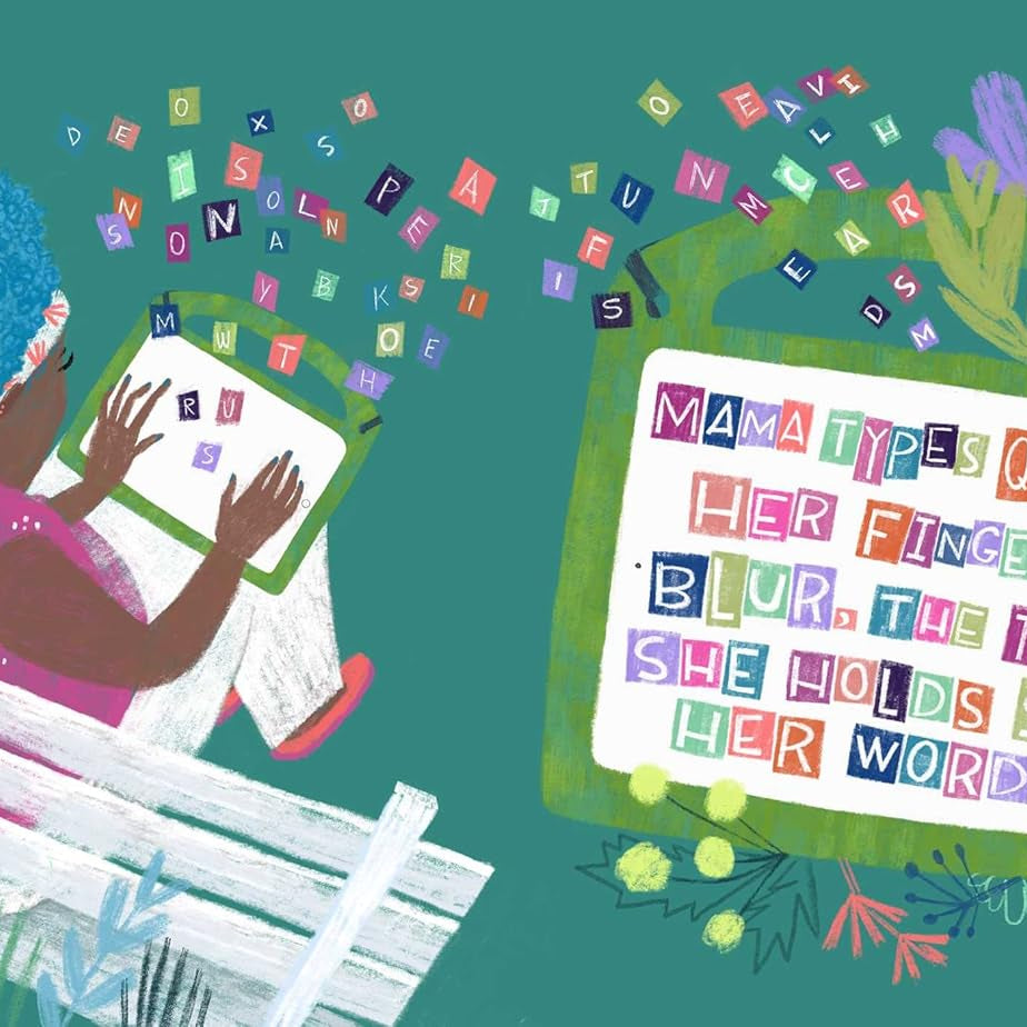 Illustration of a child learning to read with colorful letters and text on a green background
