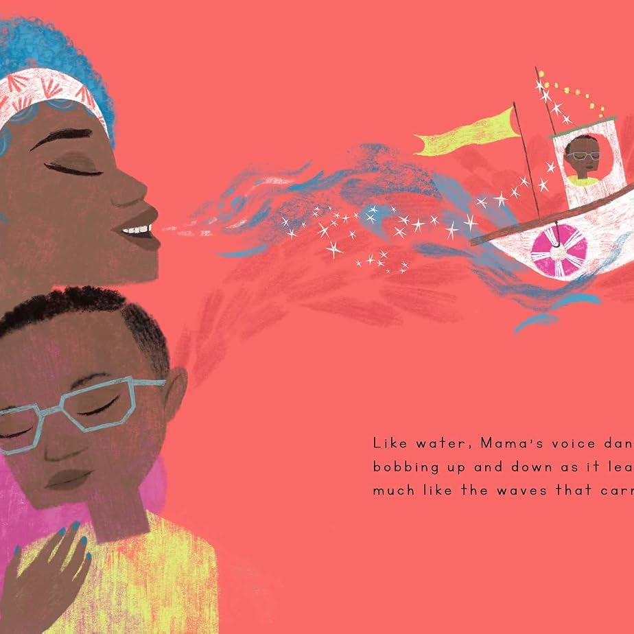 Illustration of a woman and child with a boat and colorful elements on a pink background