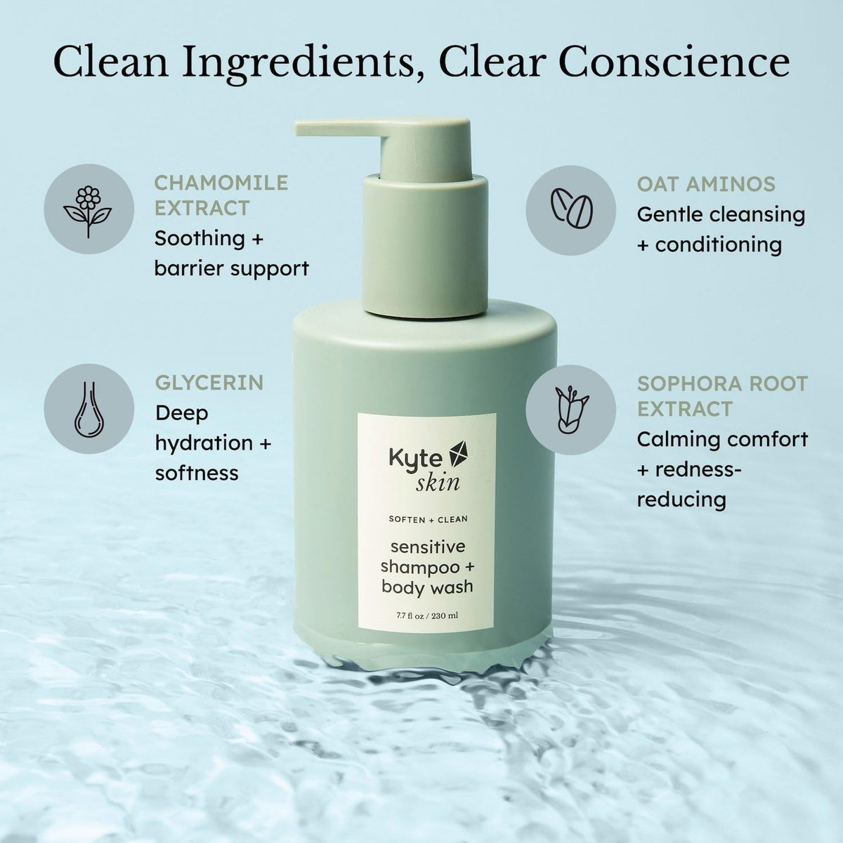 Kyte Skin shampoo and body wash bottle with ingredients listed on a water background