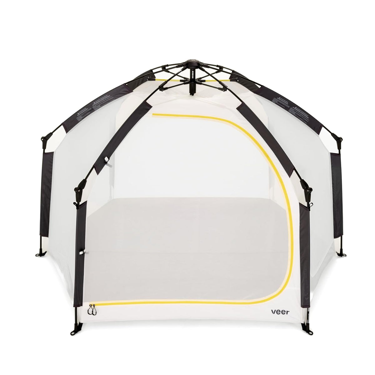 Portable playpen with mesh sides and black frame on a white background, featuring the brand 'veer'.