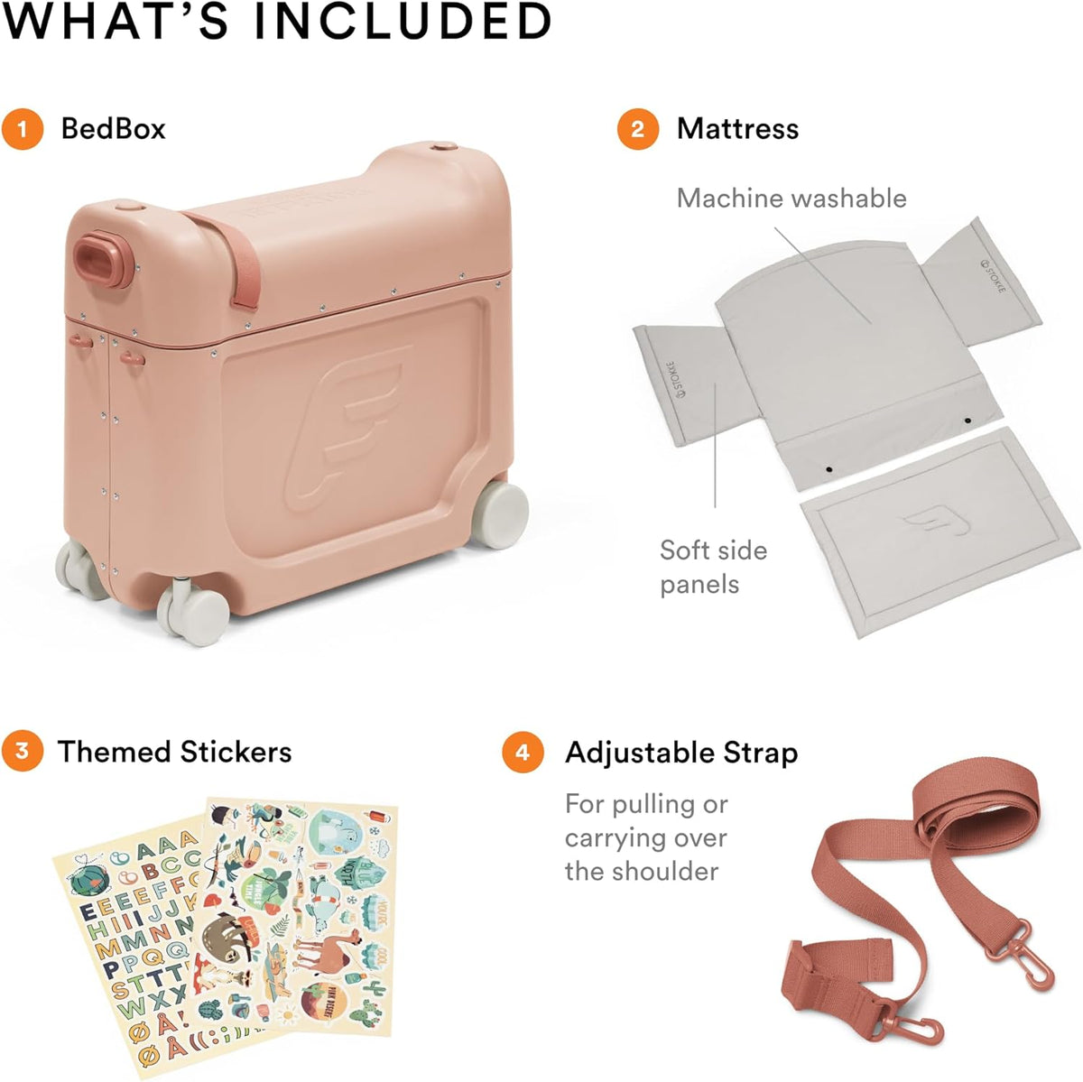 Pink bed box with mattress, themed stickers, and adjustable strap on a white background