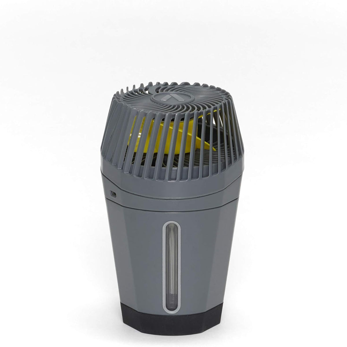 Gray and black air purifier on a white background