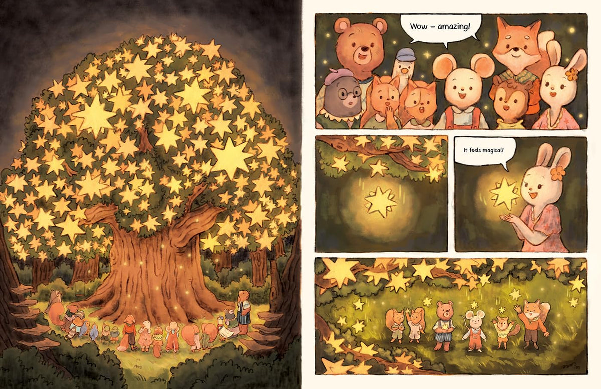 Open pages of The Star Tree: A Starlit Forest Tale featuring a large illustration of a glowing star-filled tree on the left page and three comic-style panels on the right page showing animal characters looking up in wonder and holding a glowing star.