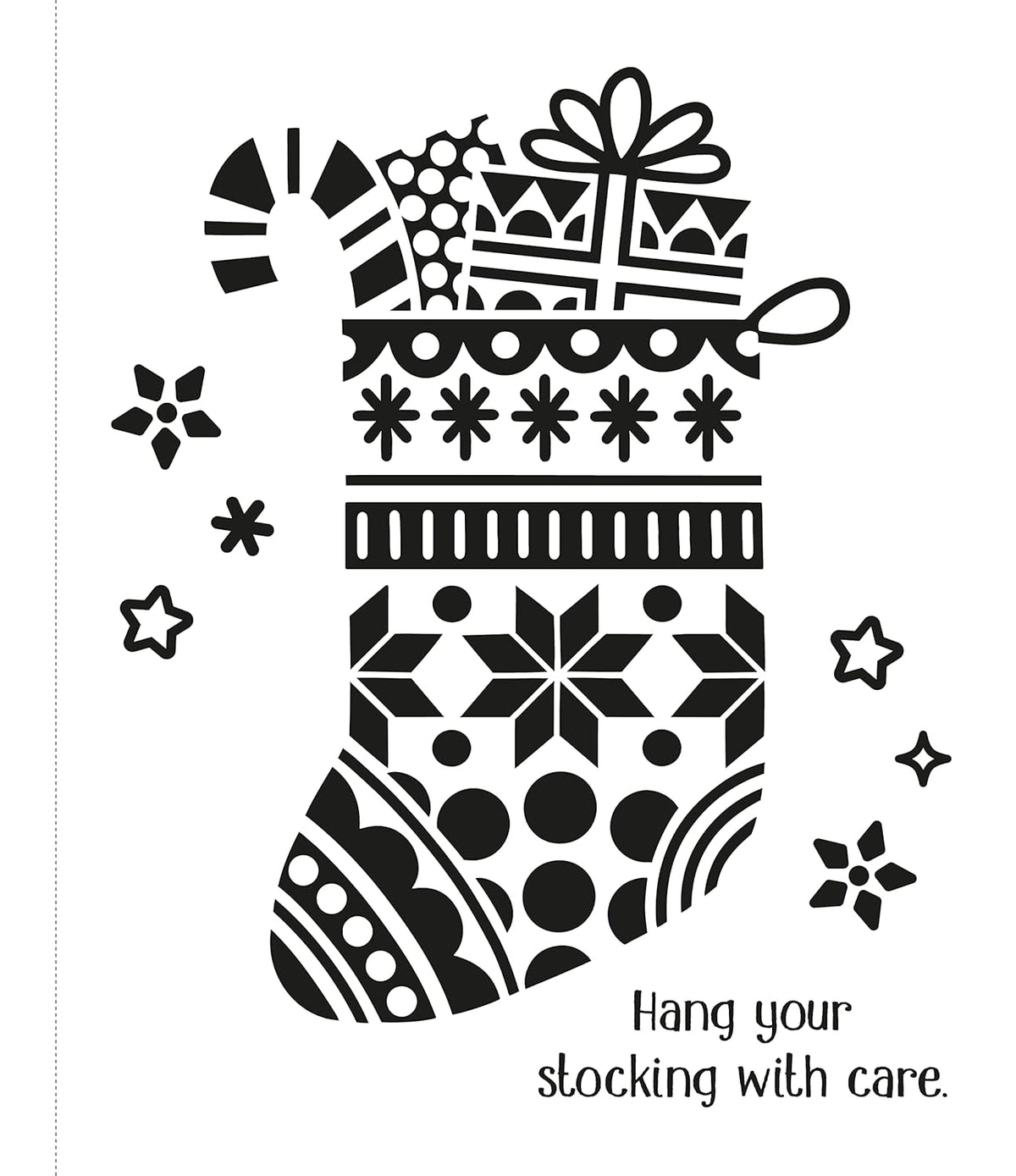 Decorative Christmas stocking with patterns and text on a white background
