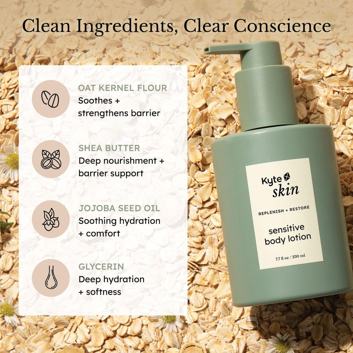 Green bottle of KYTE skin sensitive body lotion with ingredients list on a background of oats.
