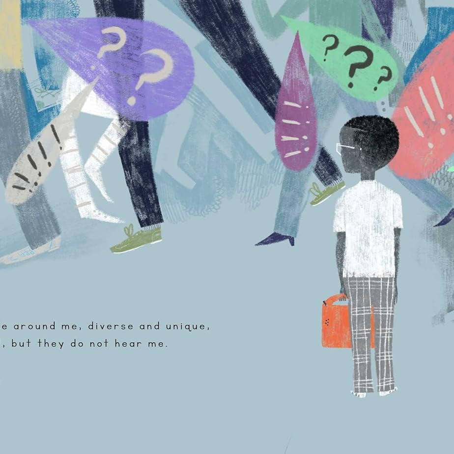 Illustration of a child standing among people with question marks above their heads on a blue background.