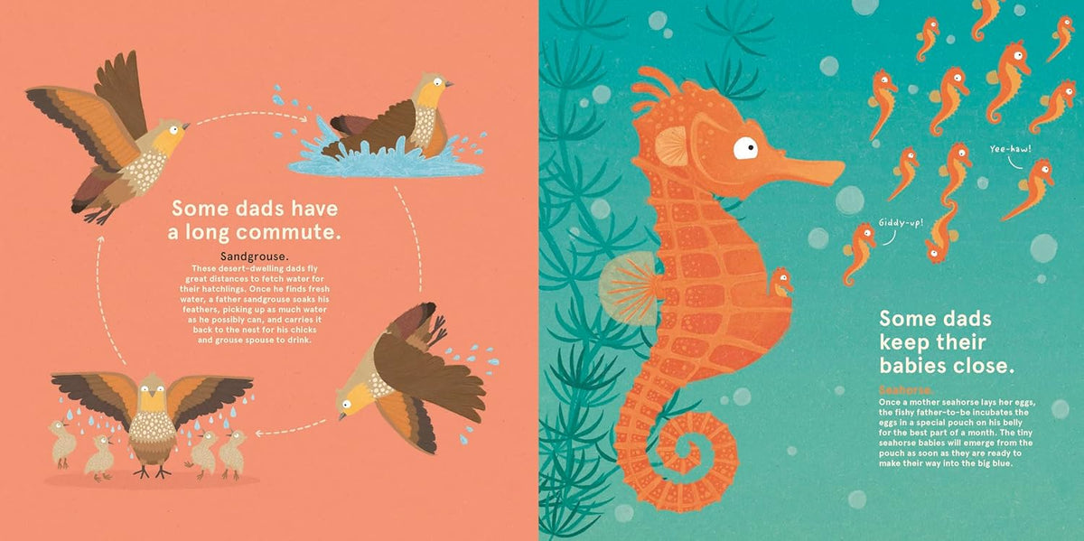 Illustrated book pages with seahorses and birds on a pink and blue background