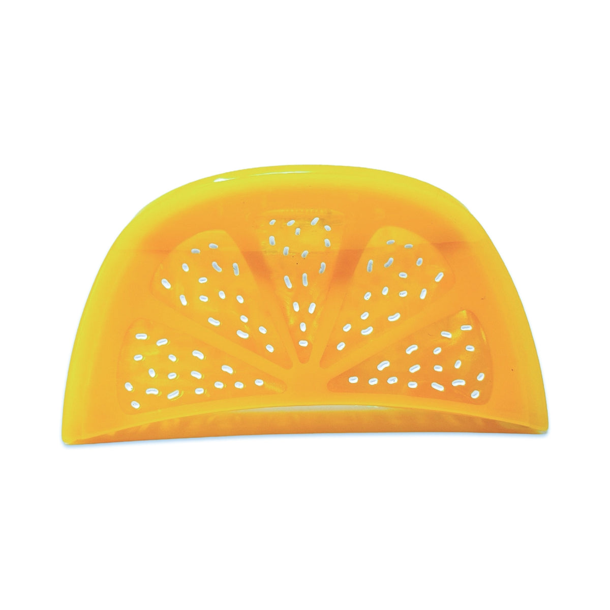 Yellow plastic strainer with holes on a white background