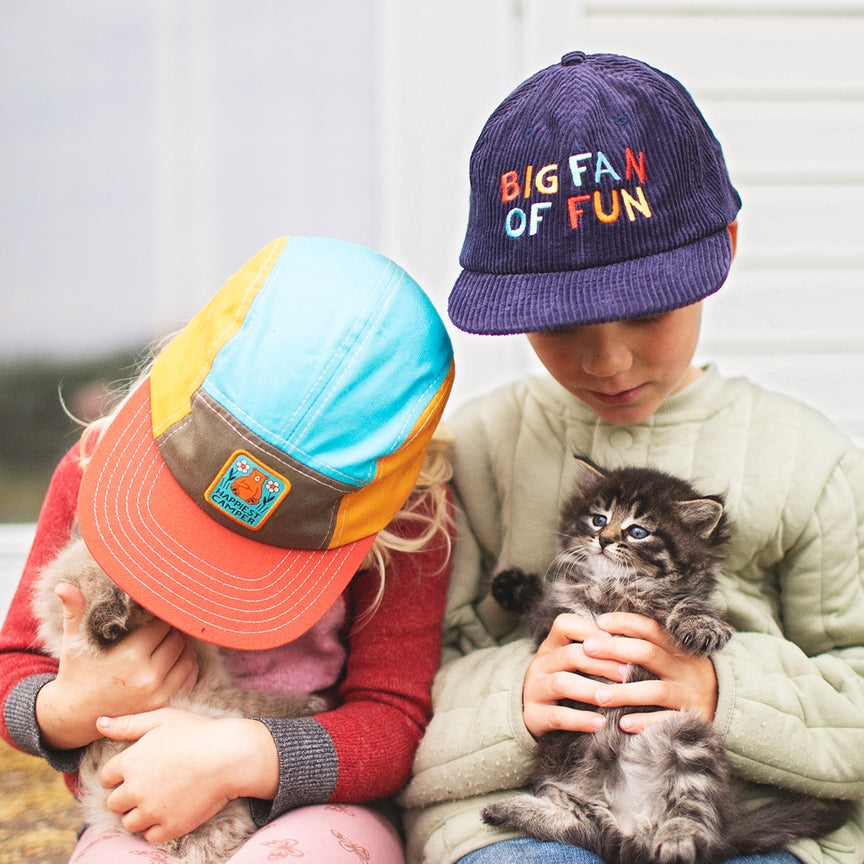 Two children wearing colorful hats holding kittens outdoors.