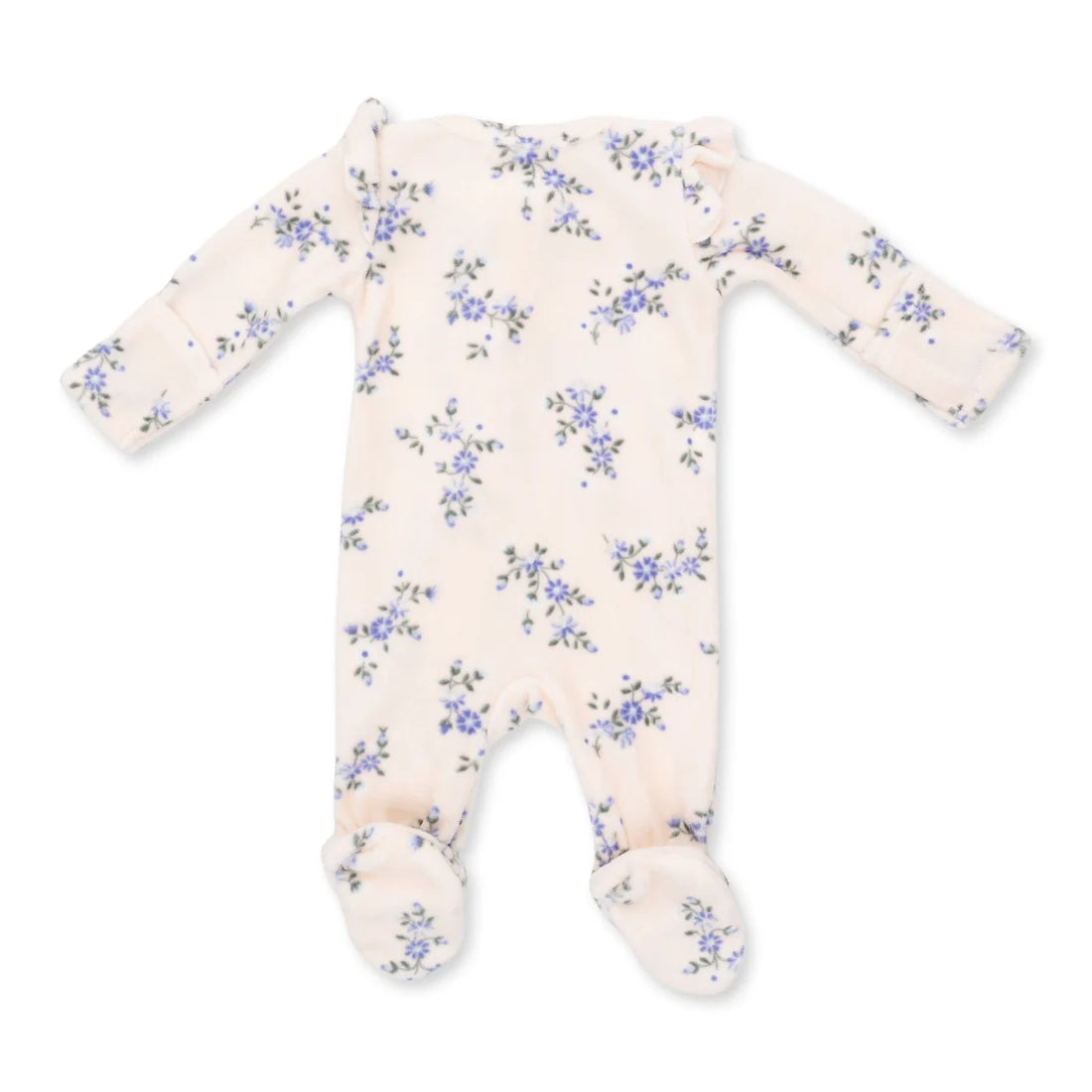 A long-sleeve baby footed sleeper in a soft cream fabric with a delicate blue and green floral print, laid flat on a white background.