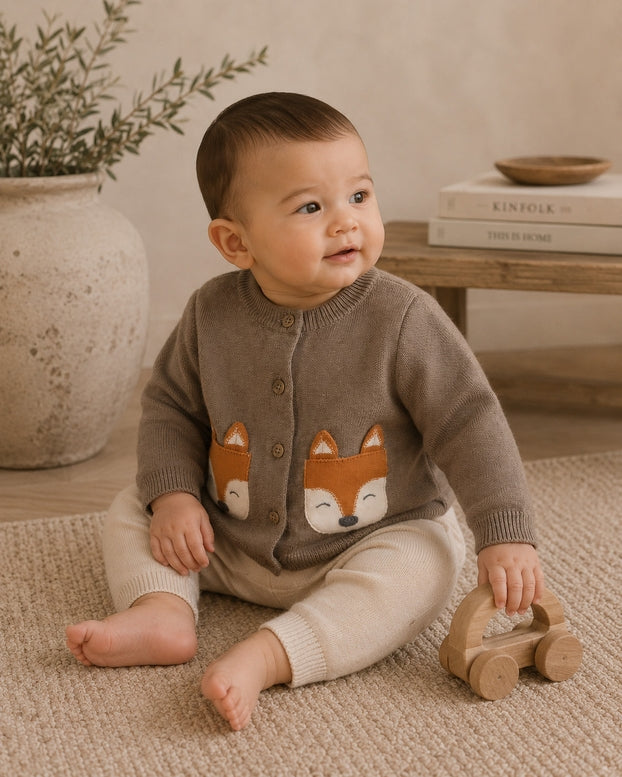 A baby sitting on a textured rug wearing a brown button-up cardigan with a fox face design on the front, paired with cream pants. The baby is holding a wooden toy car in a cozy room setting.