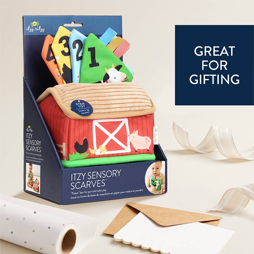 Itzy Sensory Scarves packaging with colorful scarves and educational elements, on a light background.
