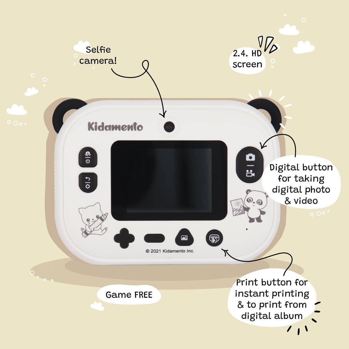 Diagram of a Kidamento device with features labeled on a beige background