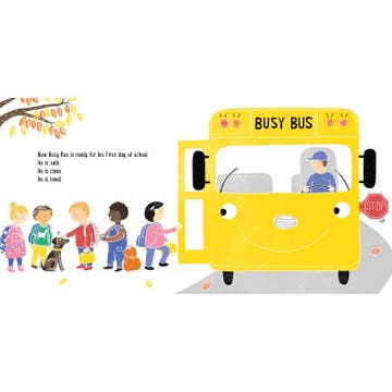 Illustration of a yellow bus with children boarding, on a white background.