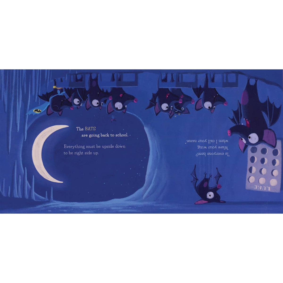 Illustration of bats hanging upside down under a moonlit sky with text.