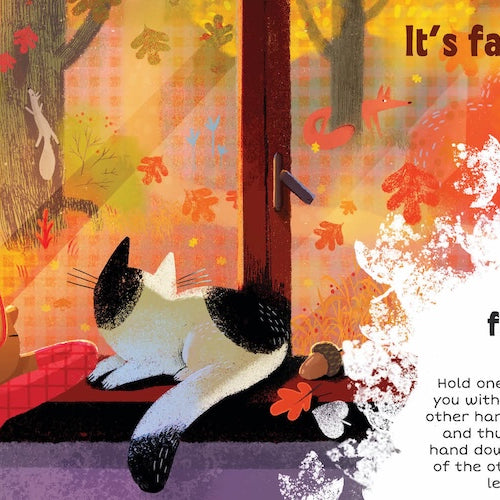 An open board book page from "Sign The Seasons: Fall" showing text that reads "It's fall!" above an illustration of a child looking at a cat looking out a window. On the right page, an inset illustration features a child demonstrating the American Sign Language sign for "fall" with instructional text below explaining the hand movement.