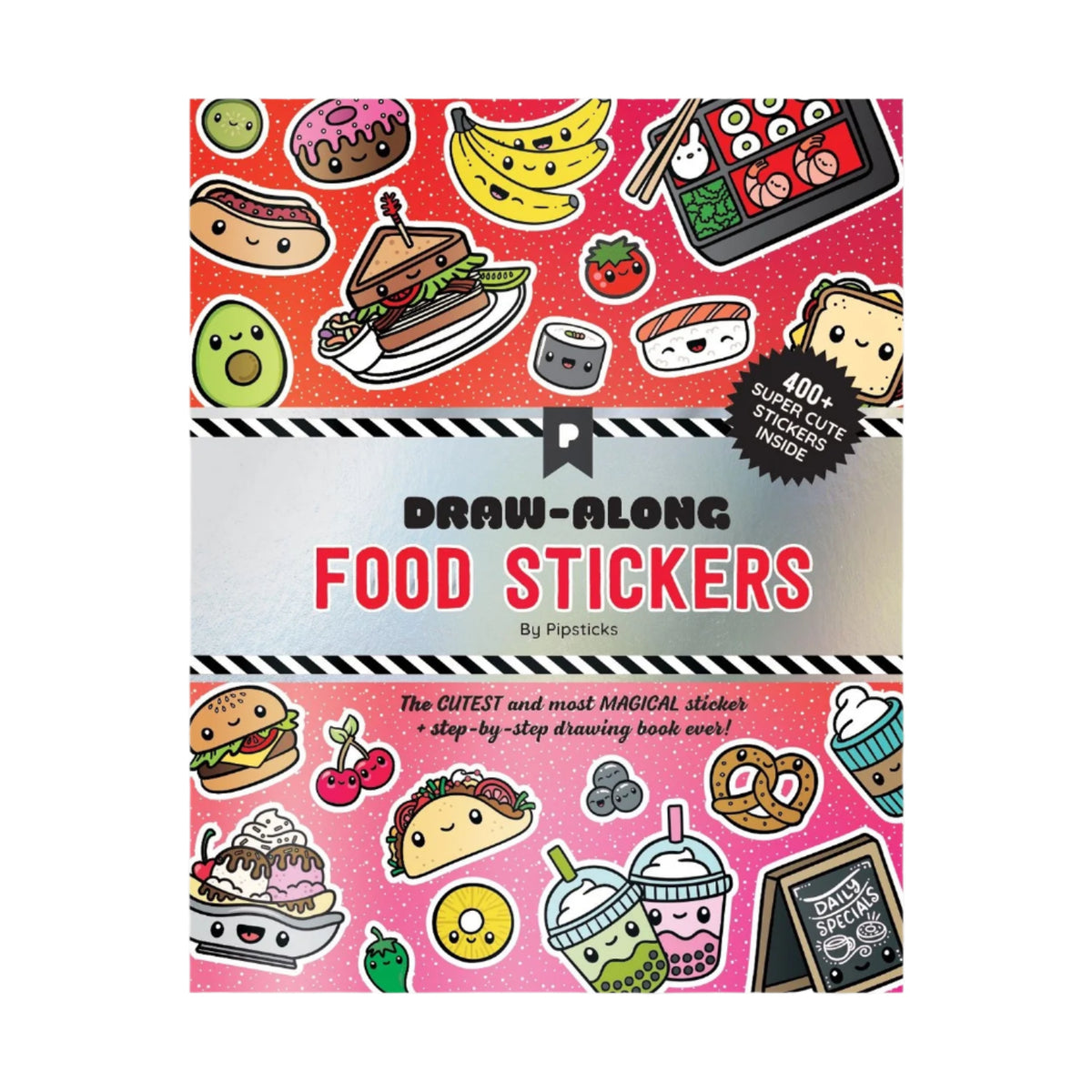 Cover of the 'Draw Along Food Stickers' book featuring a colorful array of kawaii food-themed stickers such as a sushi, hot dog, and donut characters.