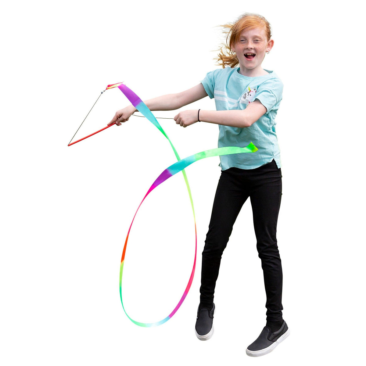 Child playing with a colorful hoop on a white background