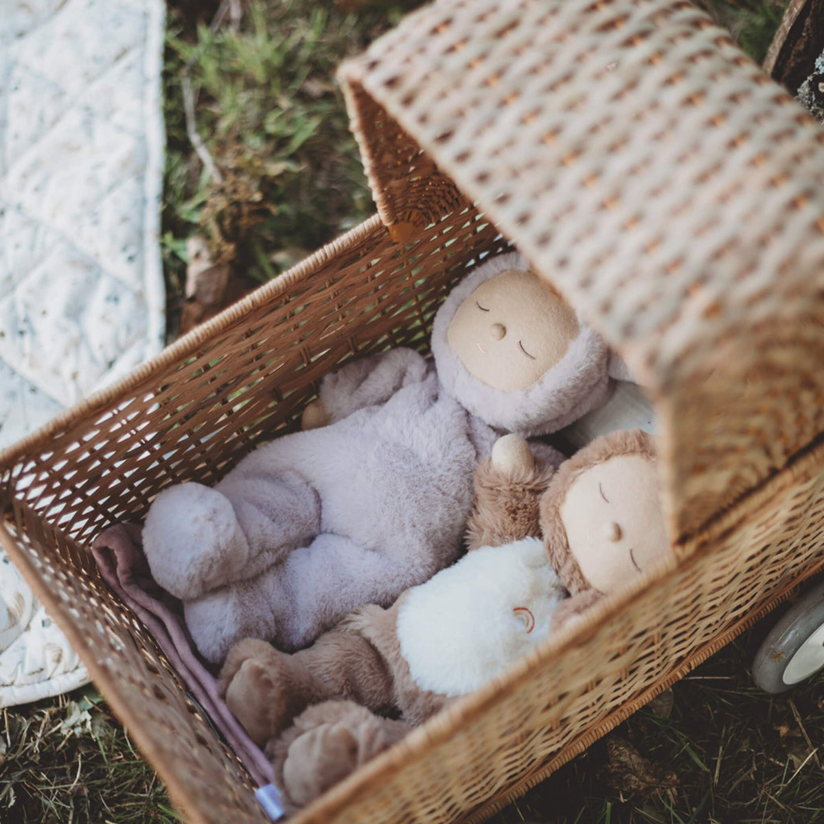 Wicker basket with plush toys on a grassy background