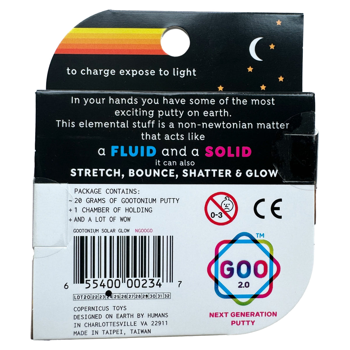 Back of a Goo 2.0 packaging with text and branding
