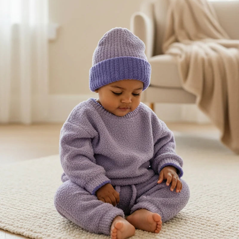 A baby sitting on a beige rug, wearing a soft, fuzzy knit taro purple lounge set and a matching beanie.