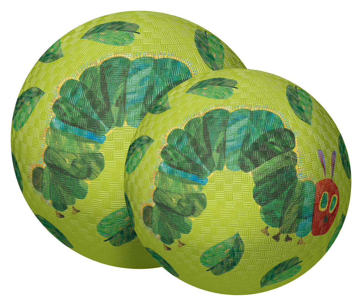 Two green balls with caterpillar designs on a white background