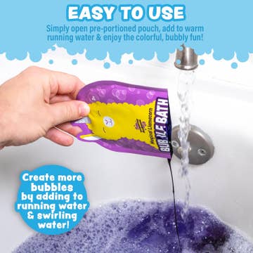 Purple bath bomb packaging being added to a bathtub with text on how to use it.