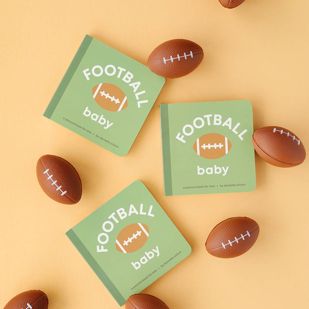 Three 'Football Baby' books with footballs on a yellow background