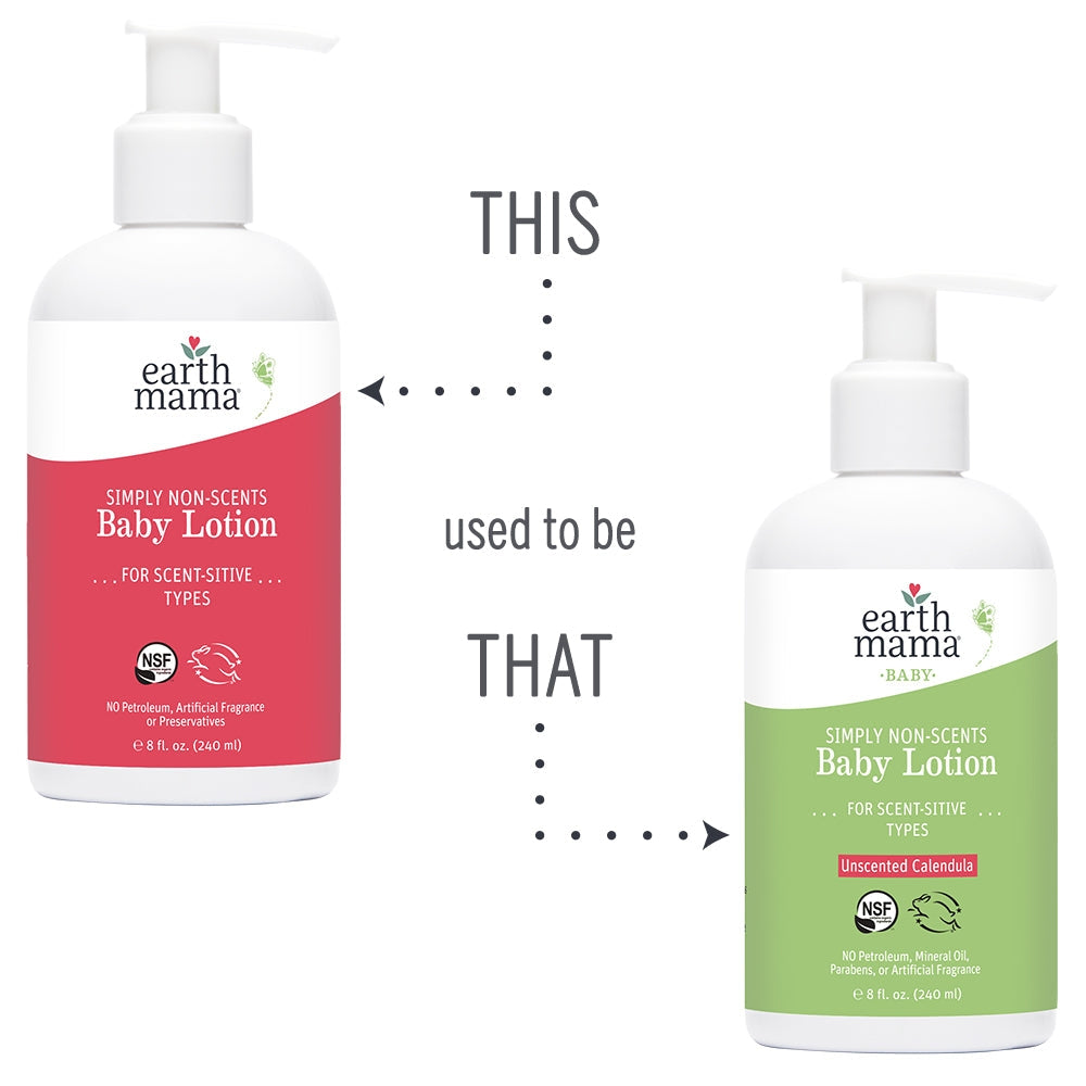 Two bottles of Earth Mama baby lotion, one red and one green, on a white background.