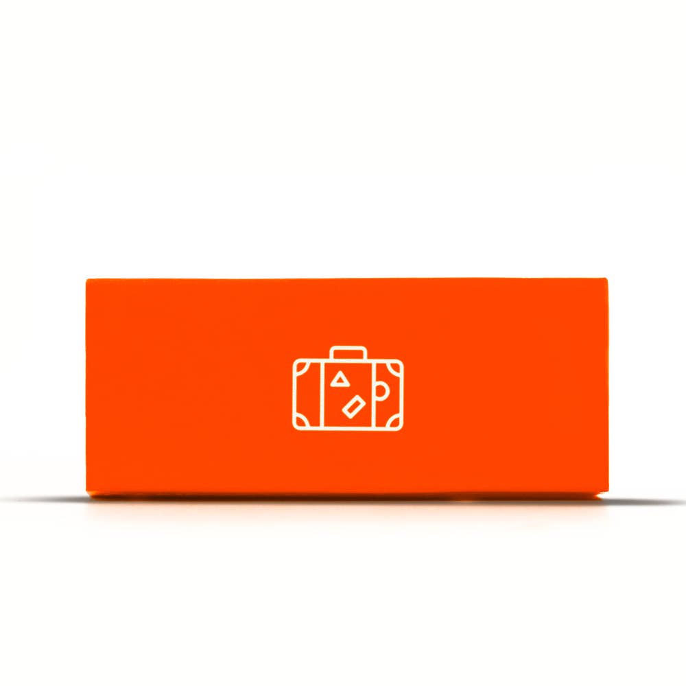 Orange box with a white suitcase icon on a white background