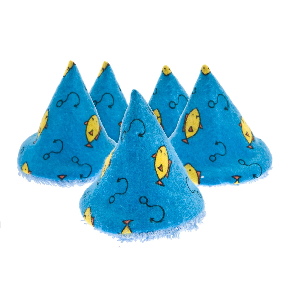 Five blue plush cone-shaped dog toys with a pattern of yellow fish and black squiggle marks, arranged on a white background.