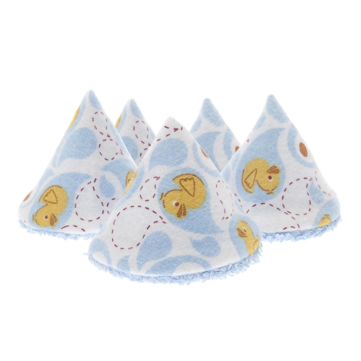 Four triangular baby bibs or pouches made of soft fabric, featuring a light blue and white pattern with yellow ducklings and dashed outlines, arranged on a plain white background.