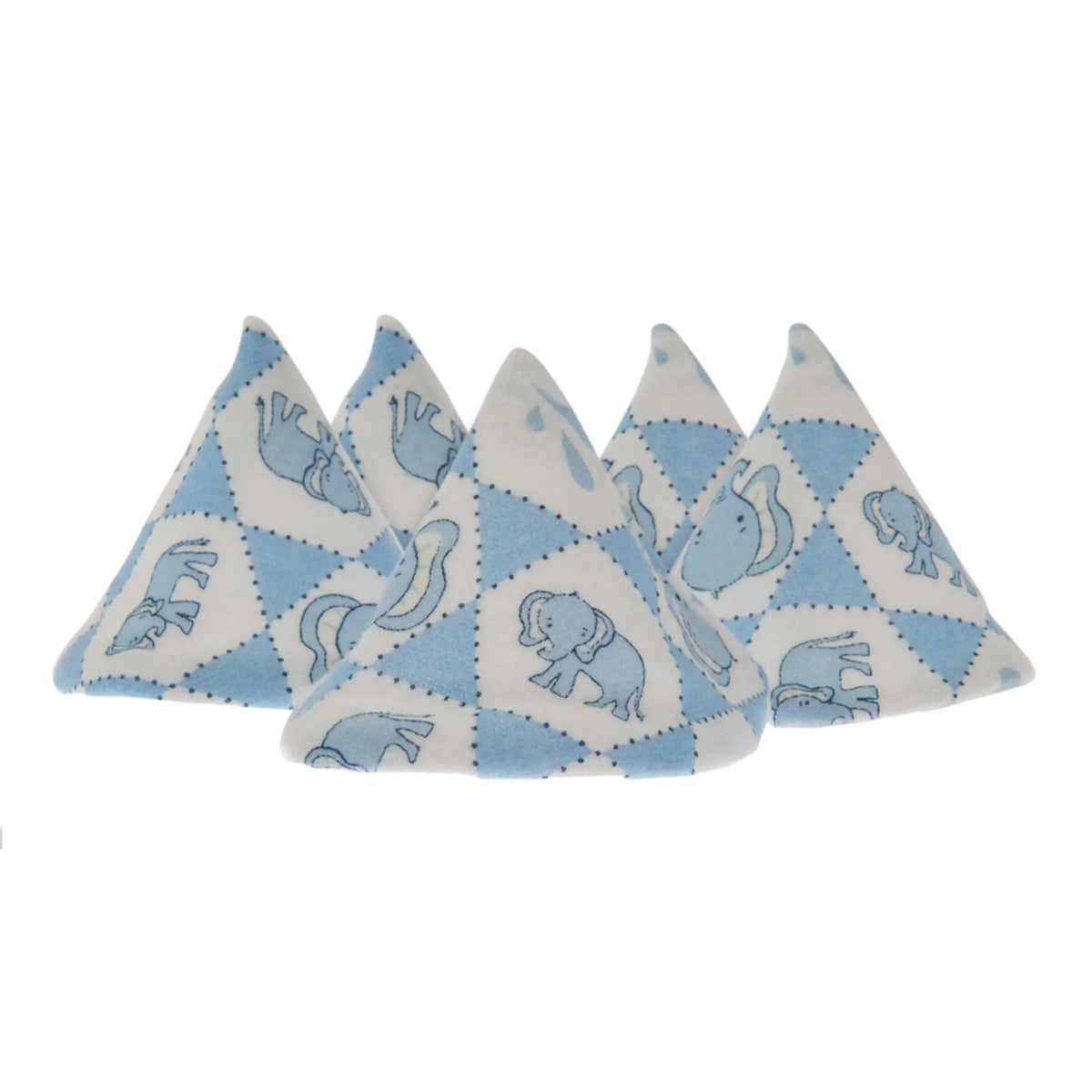 Four triangular baby teething toys with a blue and white animal pattern, arranged in a row against a plain white background.