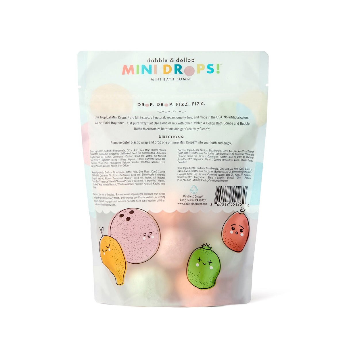 Package of dabble & dallop Mini Drops mini bath bombs with colorful illustrations on a white background