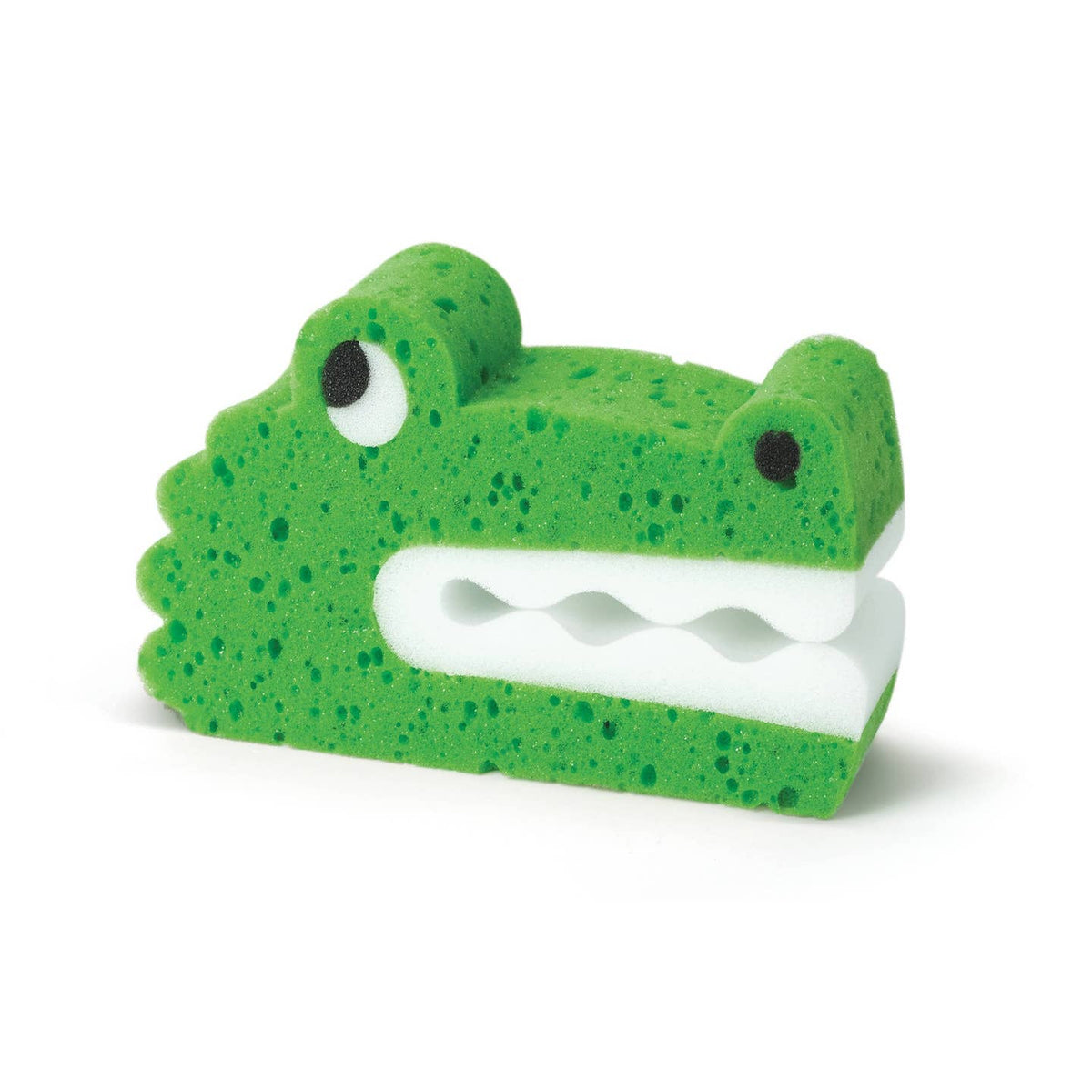 Green alligator-shaped sponge on a white background