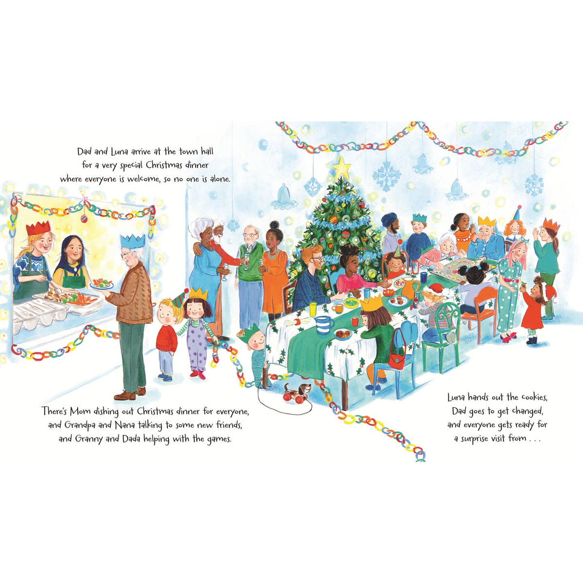 Illustration of a Christmas dinner scene with people around a table and a Christmas tree.