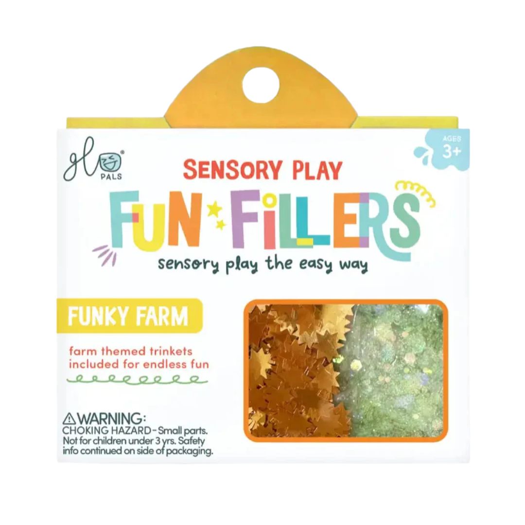 Holo Pals Sensory Play Fun Fillers 'Funky Farm' packaging, featuring a yellow hanging tab, white box with colorful text, and a clear window showing gold and green glitter inside.