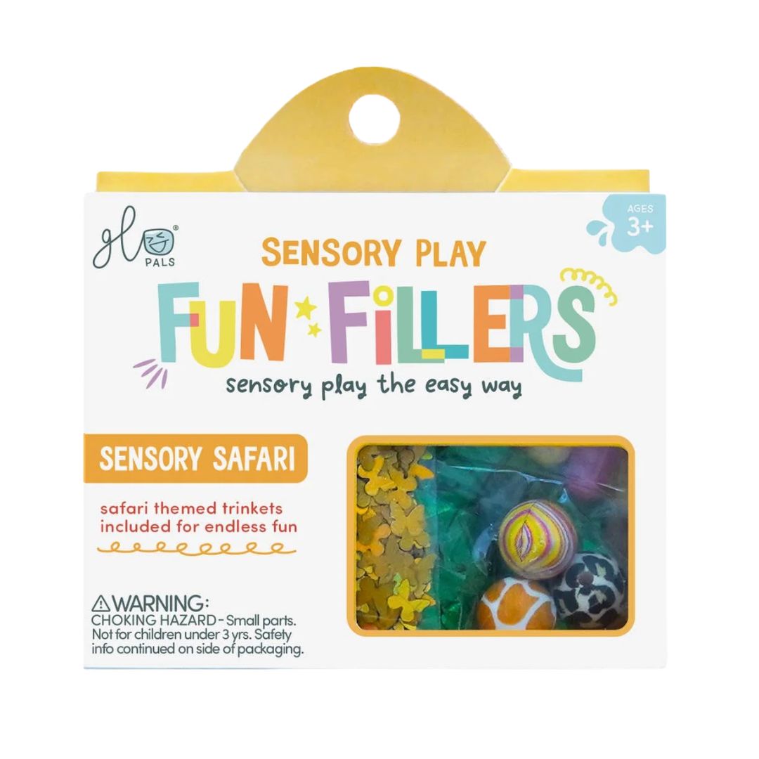 Pilo Sensory Play Fun Fillers Sensory Safari toy set in its original retail packaging, featuring a white box with a yellow hanging tab and a clear window showing colorful sensory fillers inside.