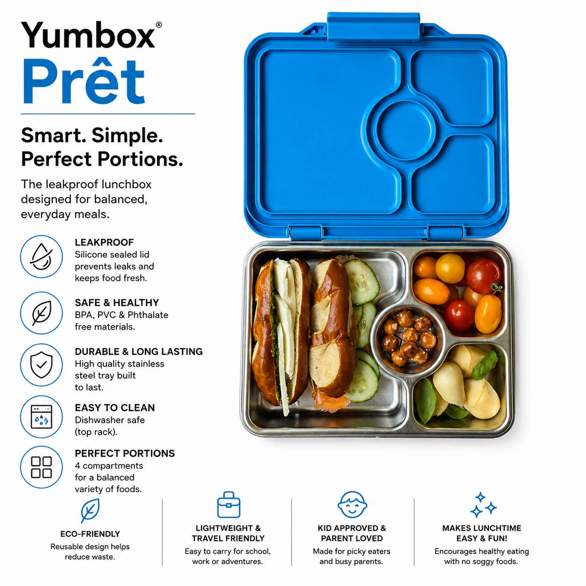 Yumbox lunchbox with compartments filled with food on a white background