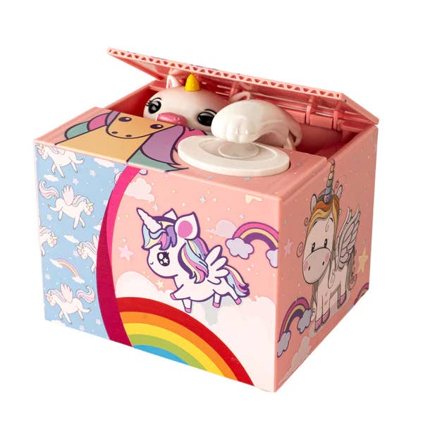 Colorful unicorn-themed jack-in-the-box on a white background