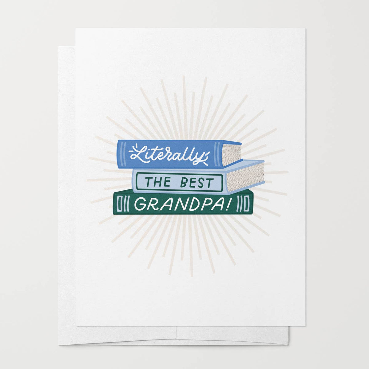 Greeting card with books design and text 'Literally the best grandpa!' on a white background