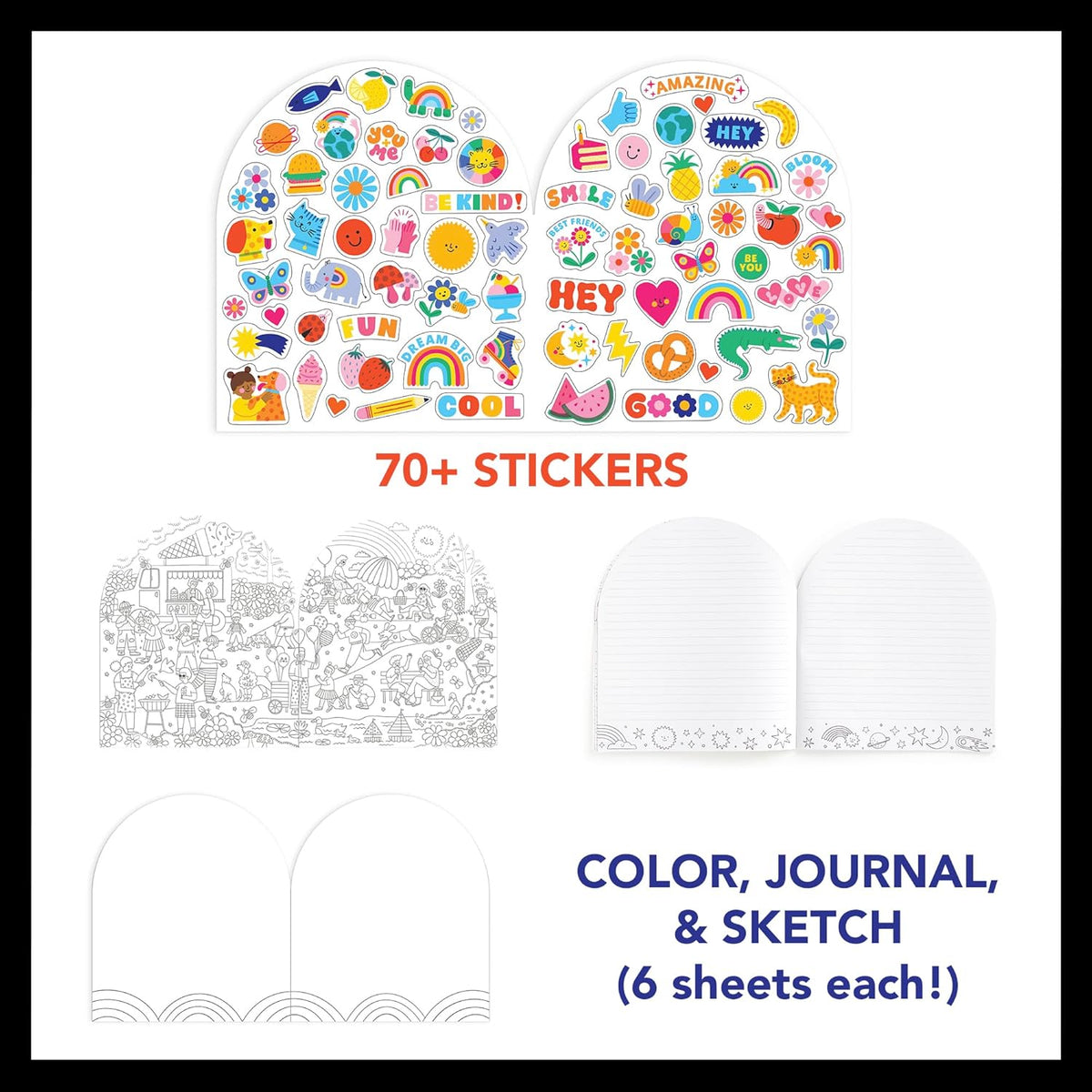 Sticker book with colorful stickers and text on a white background