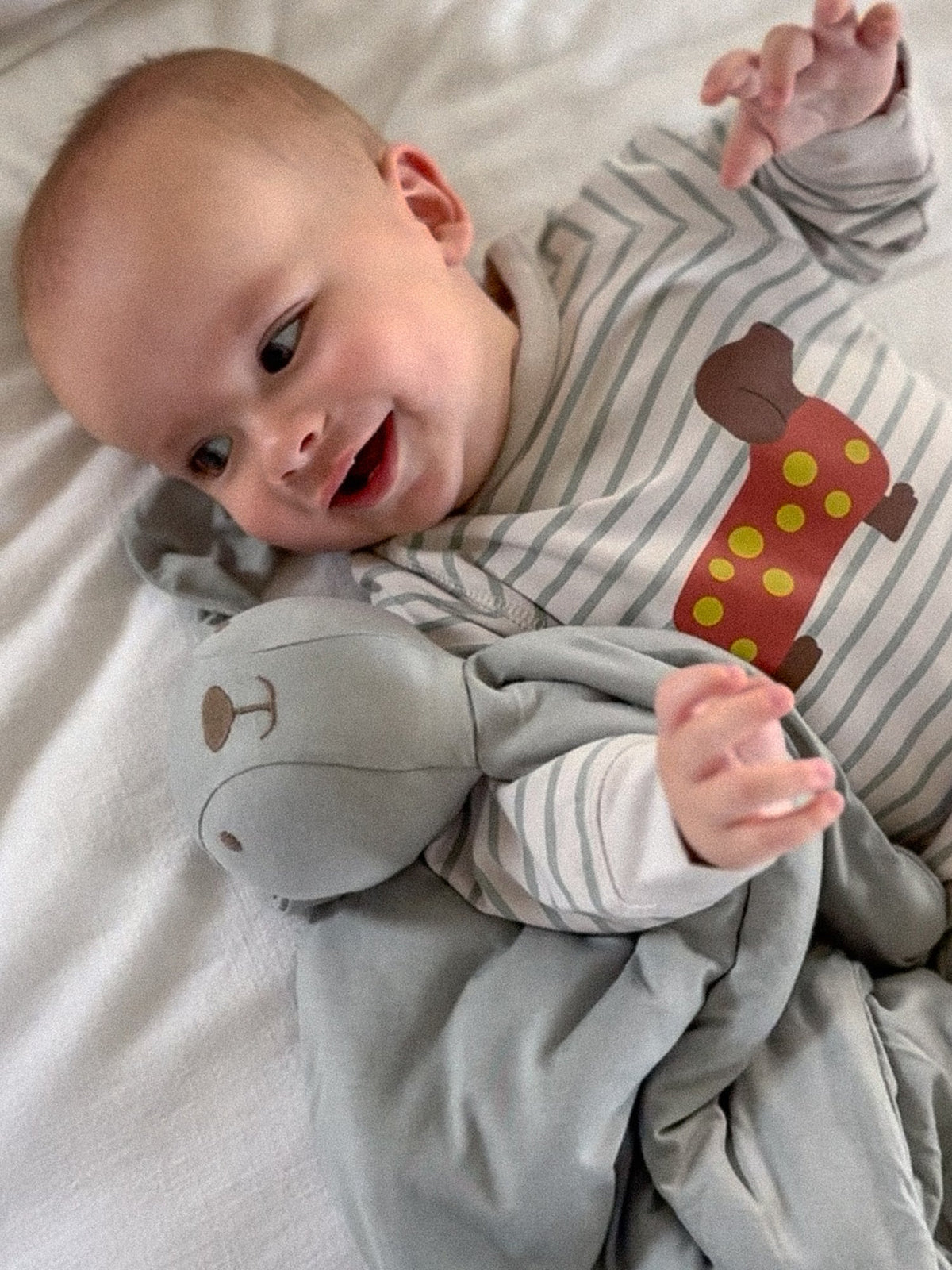 Baby lying on a white blanket with a gray blanket and toy