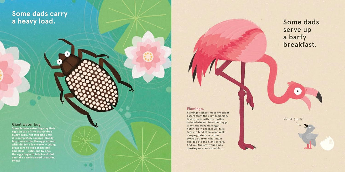 Illustrated book page with a giant water bug and a flamingo, surrounded by flowers and leaves.
