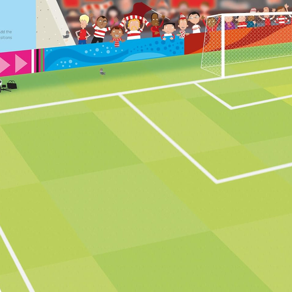 A colorful illustrated soccer field scene with a corner kick setup, crowd spectators along the sidelines, a goal net, and a small player near the corner line. Text in the upper left reads 'Corner kick'.