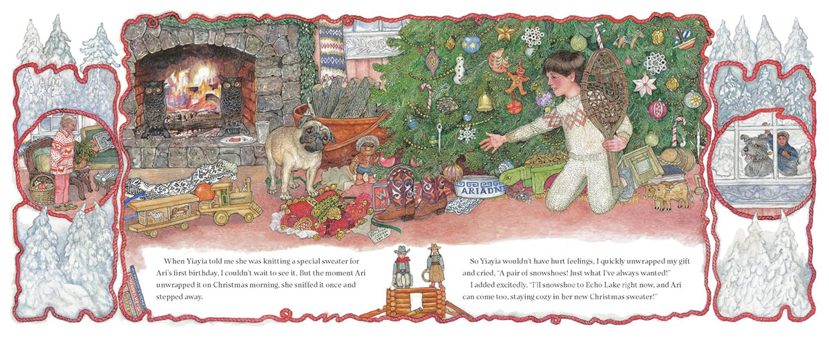 Illustrated book page with a child decorating a Christmas tree, fireplace, and dog.